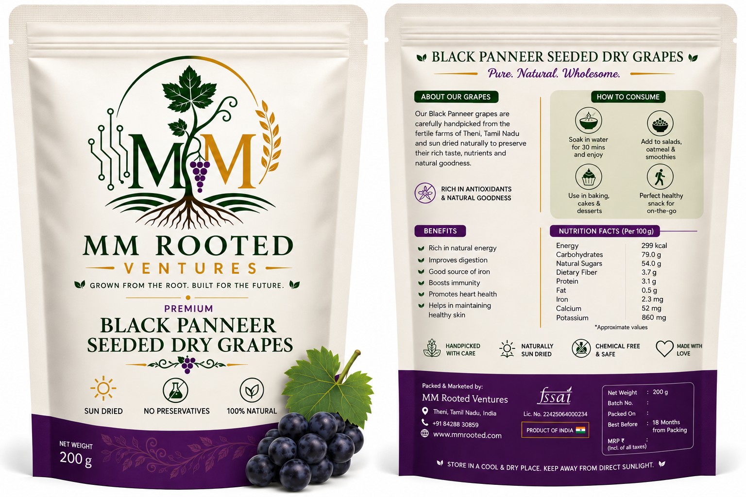 MM Rooted Ventures — Black Panneer Seeded Dry Grapes packaging